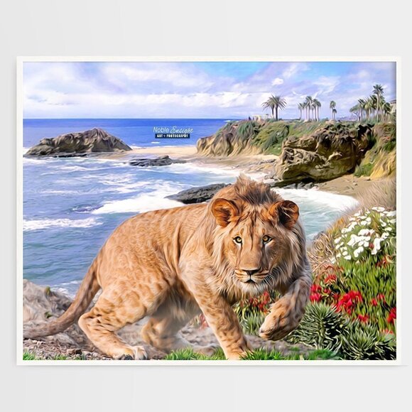 16x20 Lion Beach Ocean Landscape Fantasy Art Watercolor Oil Painting Poster - Picture 6 of 6